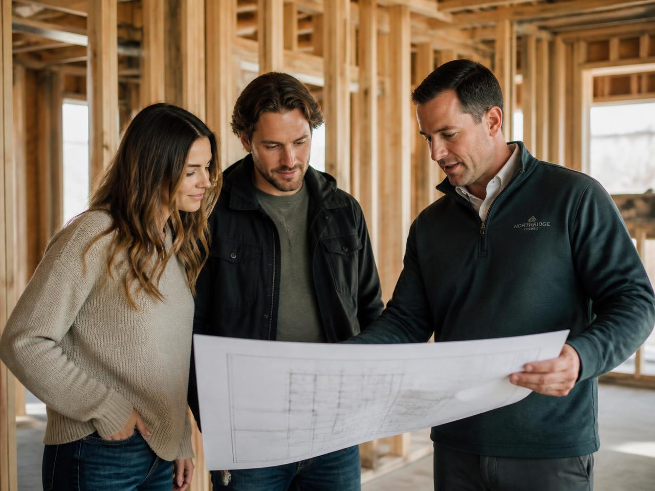 Builder reviewing plans with homeowners inside a home under construction