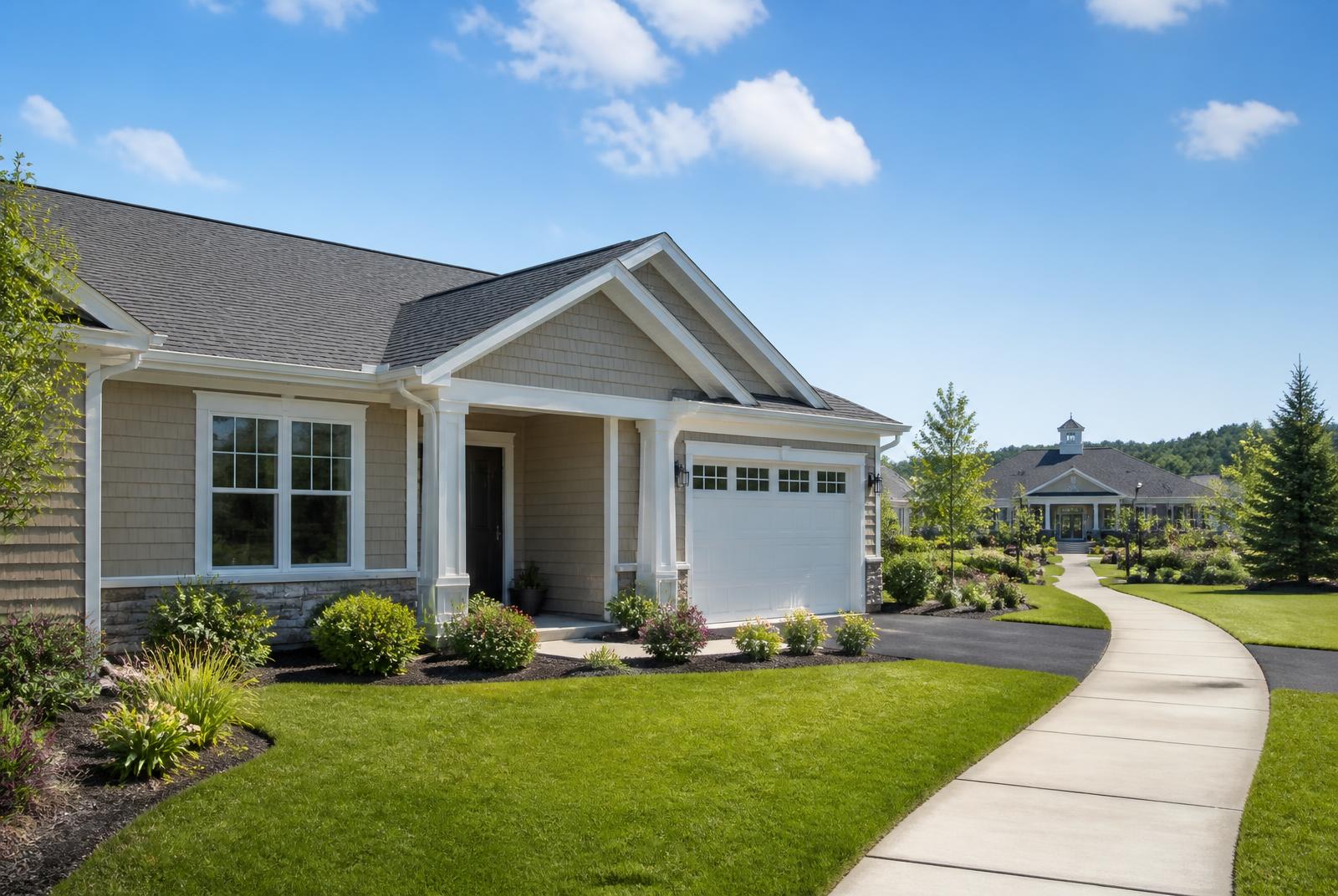 New single-story villa home with tidy landscaping along a community walking path