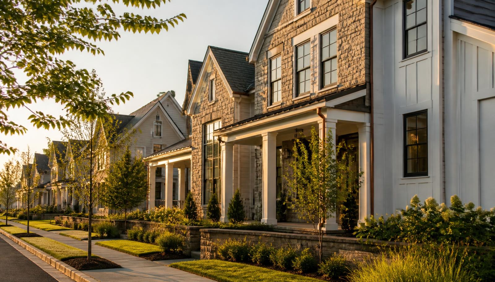 Newly built Pennsylvania homes along a landscaped neighborhood street at golden hour