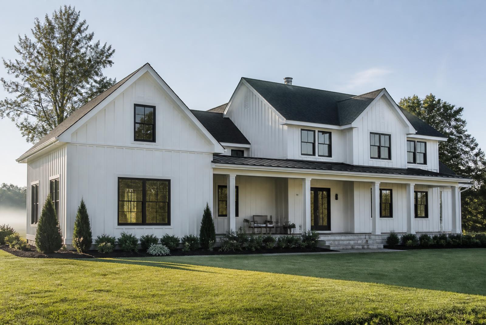New farmhouse-style single family home with a covered front porch on a landscaped lot