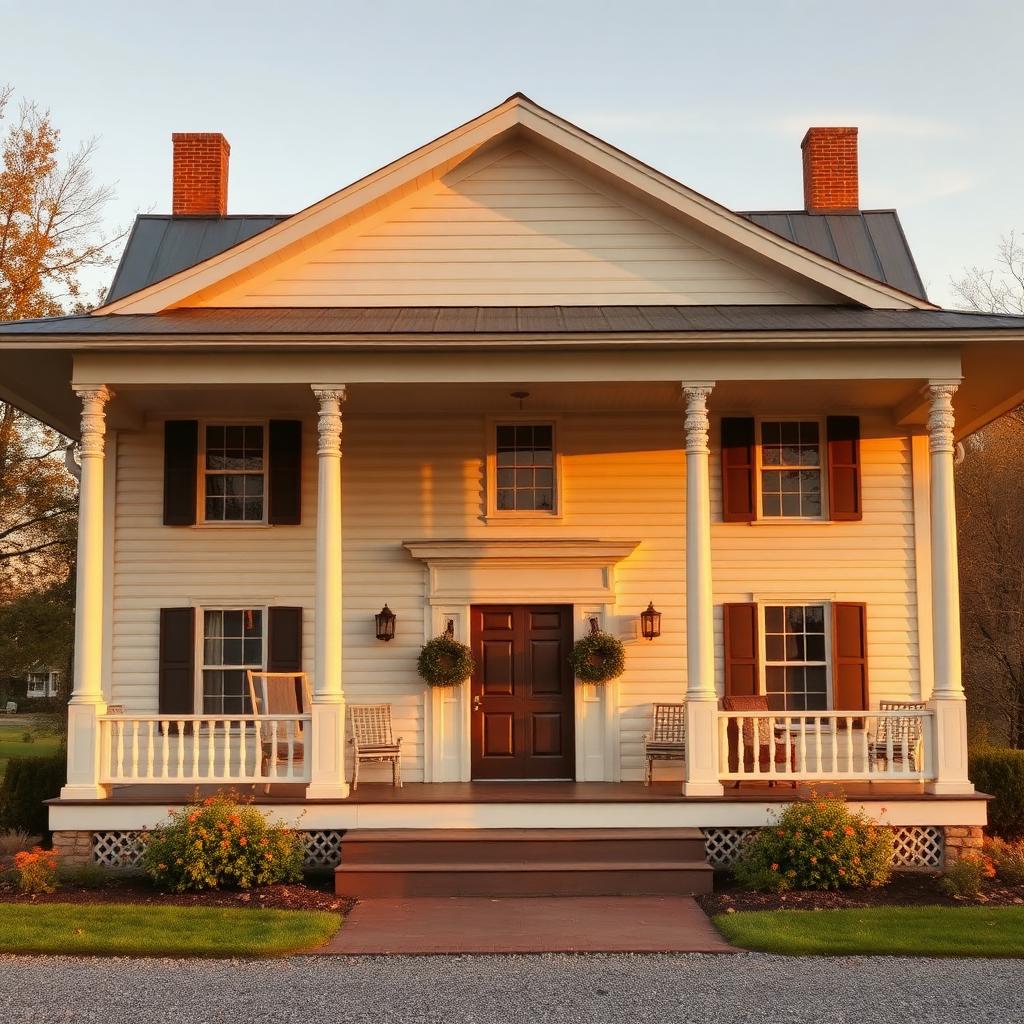 A Pennsylvania farmhouse with a wide welcoming porch at golden hour