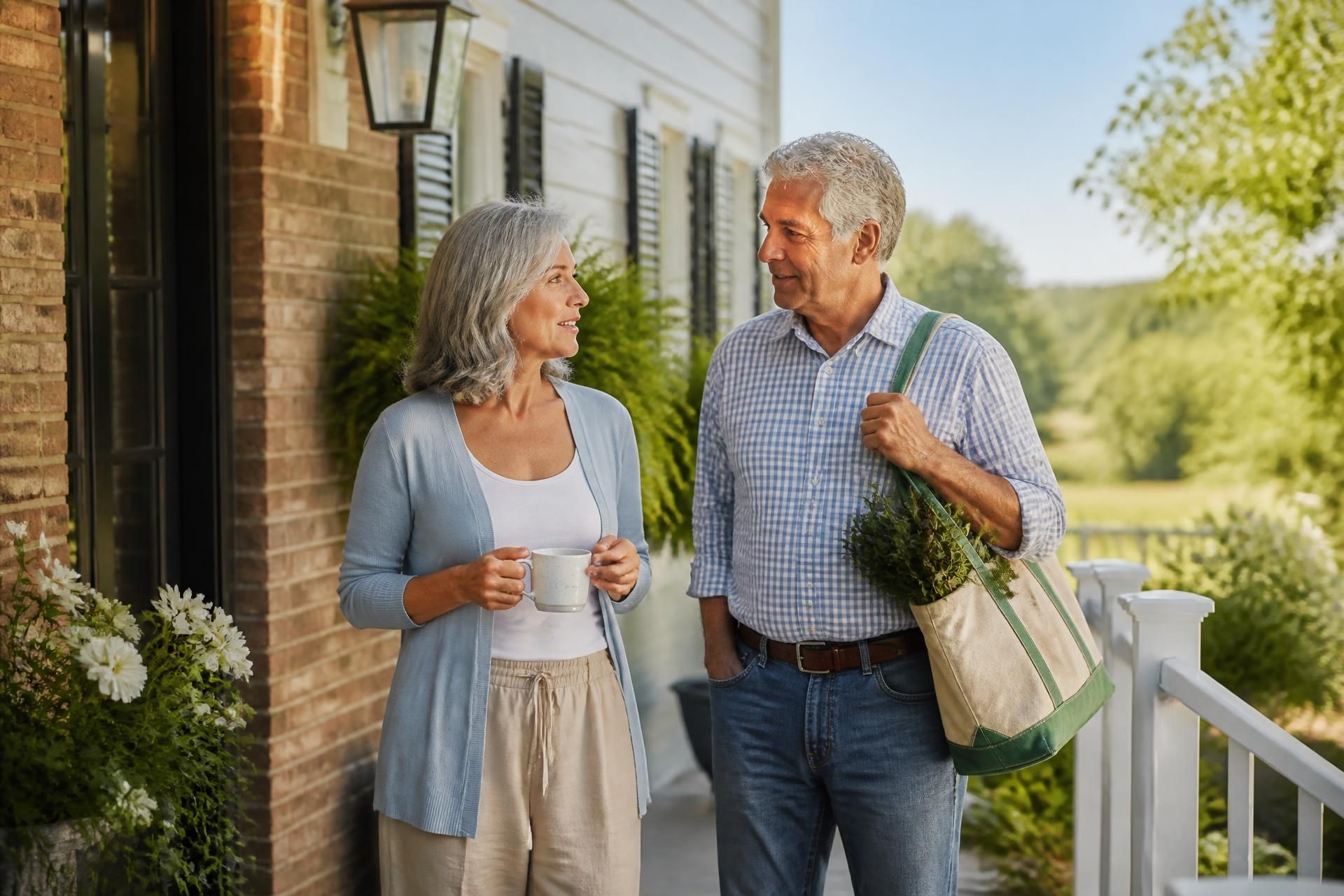 A couple talking on the front porch of a brick and clapboard home in morning light.