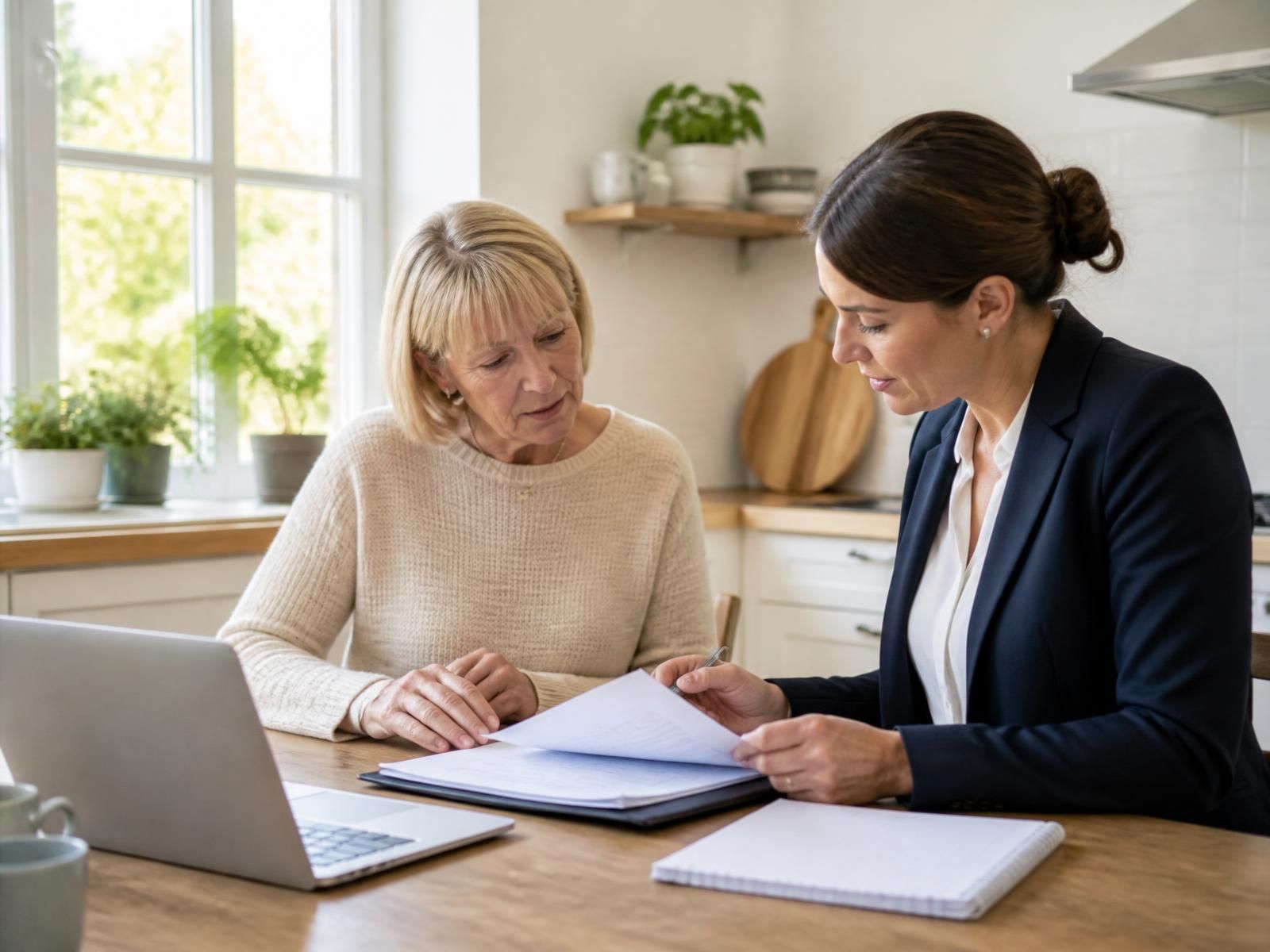 Two women reviewing papers together at a sunlit kitchen table.
