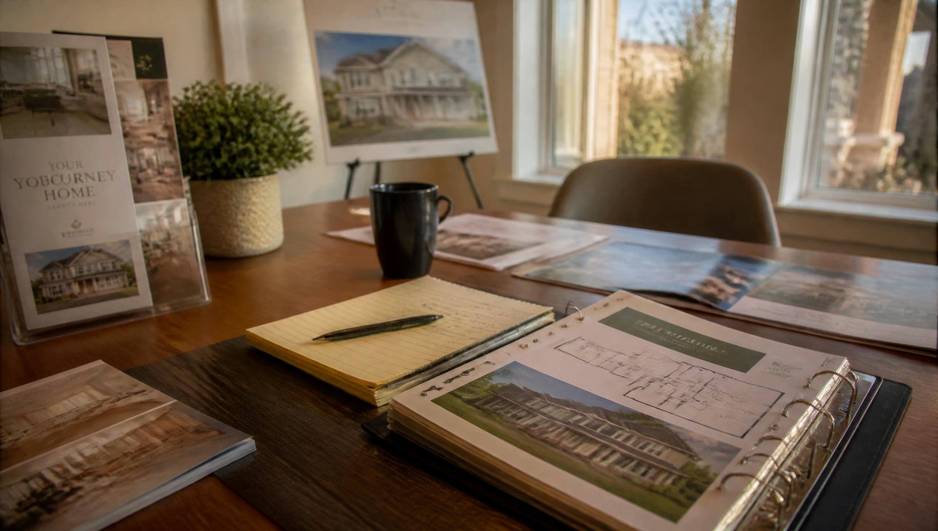 A model home sales desk with floor plan binders, brochures, and a notebook in morning light