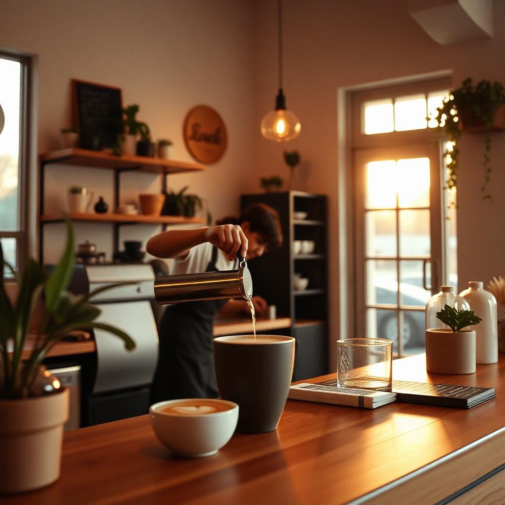 Barista pouring a latte in a warm, sunlit Lancaster coffee shop