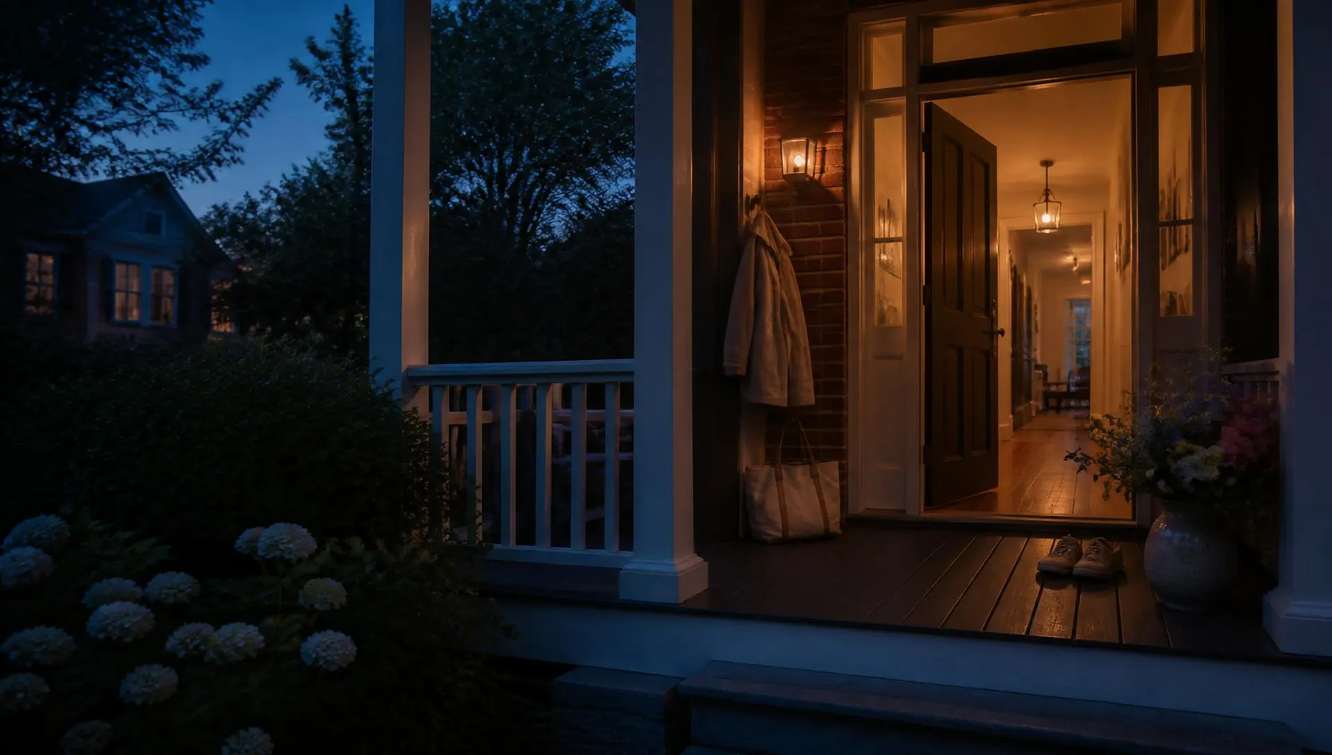 An open front door at dusk with warm light in the hallway, a jacket on a hook and garden flowers on the porch