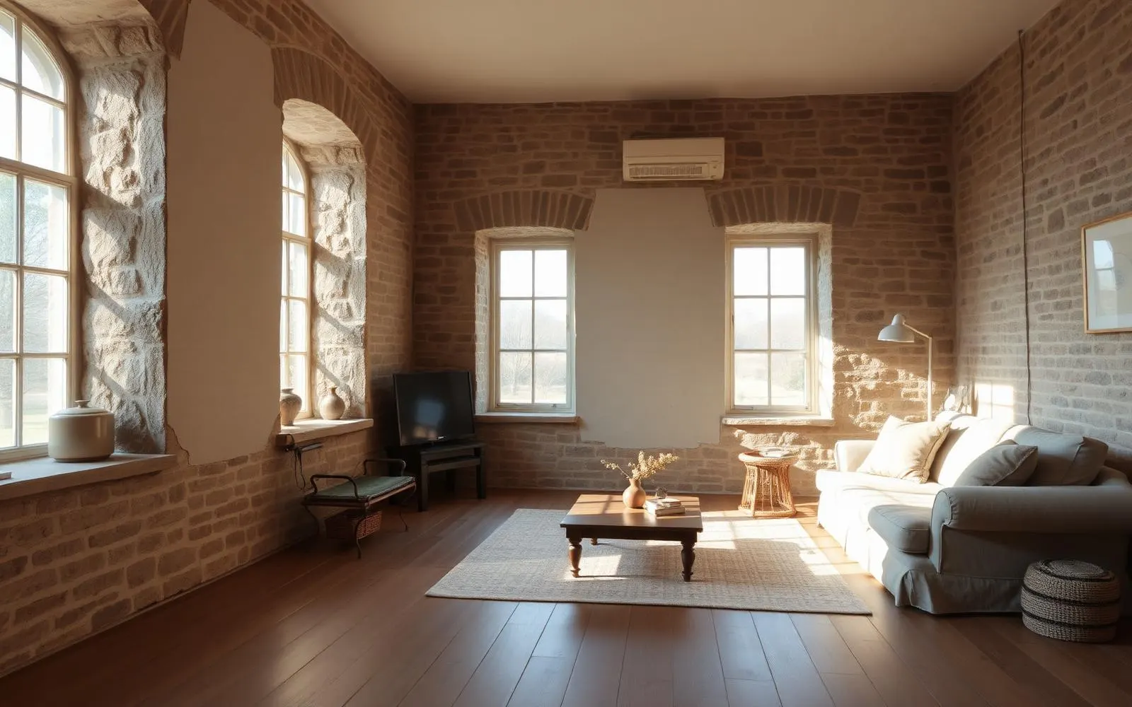 A calm interior room with thick stone walls, deep window reveals, wide plank floors and pale linen upholstery in morning light