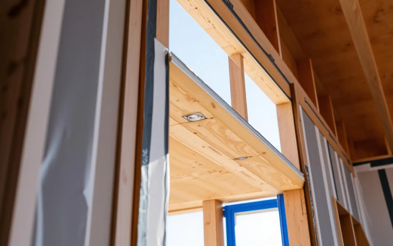 A close view of framing at a window opening with house wrap and taped seams over sheathing
