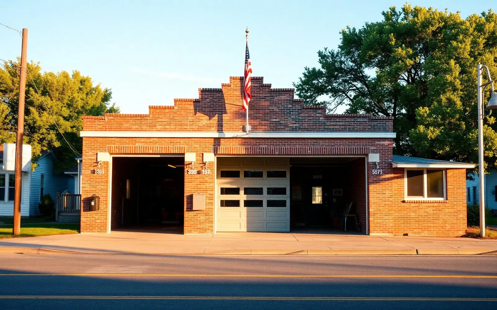 A brick volunteer fire company building on a small town street with open bay doors and a community notice board