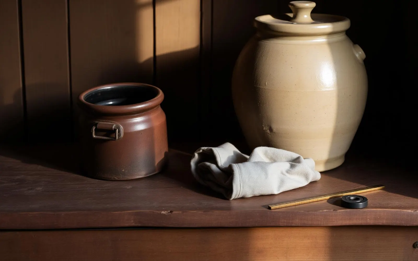 A still life on a worn wooden surface with a stoneware crock, an iron handle, folded linen and a brass rule in warm side light