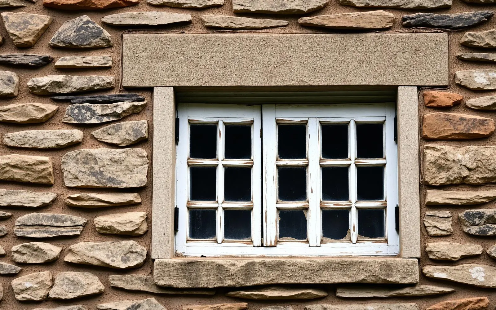 A close view of a fieldstone wall meeting a white wooden window with original shutters and a cut stone lintel