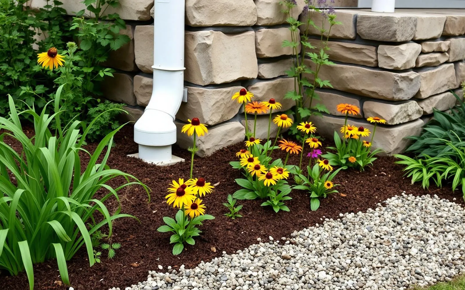 A shallow planted rain garden swale with sedges and black eyed Susans beside a downspout at a stone foundation