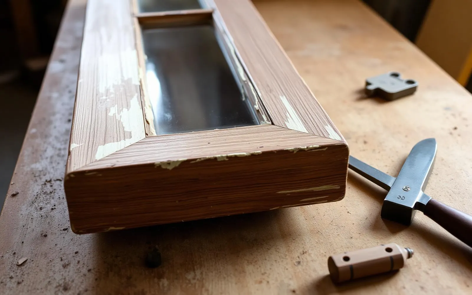 An original wooden window sash on a workbench with old layered paint and glazing putty, beside a chisel and putty knife