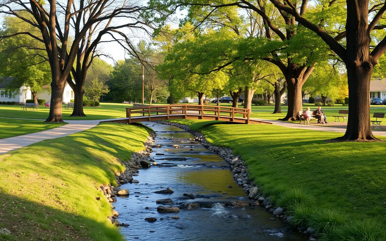 A small town park with a stream, footbridge, mature shade trees and benches in late afternoon light