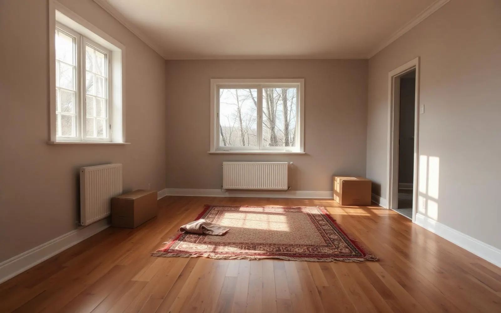 An empty room in a newly purchased older house with a few moving boxes, a folded rug and sunlight across a bare wood floor