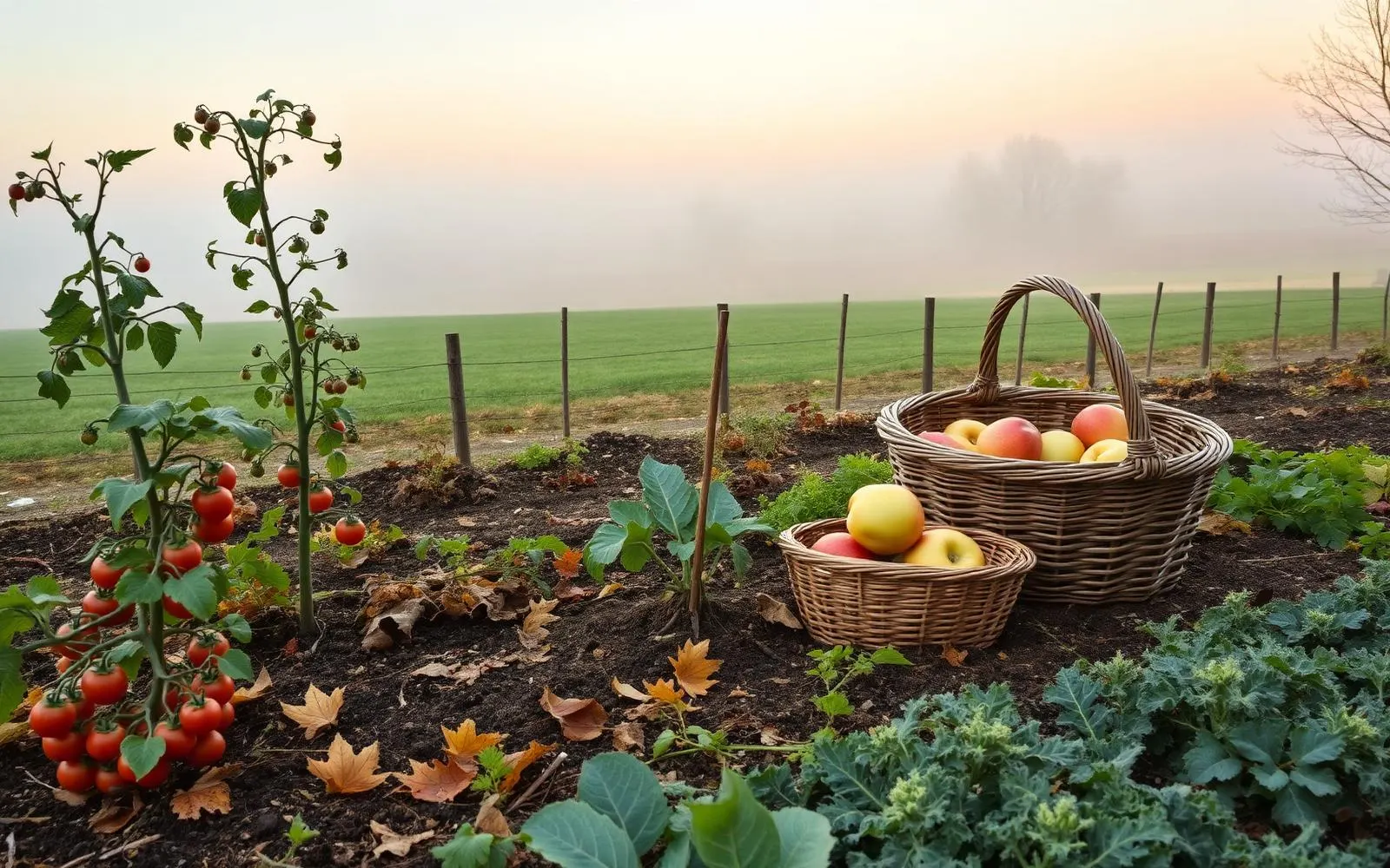 An early autumn kitchen garden with finishing tomato vines, kale beds, a basket of apples and mist over farmland behind