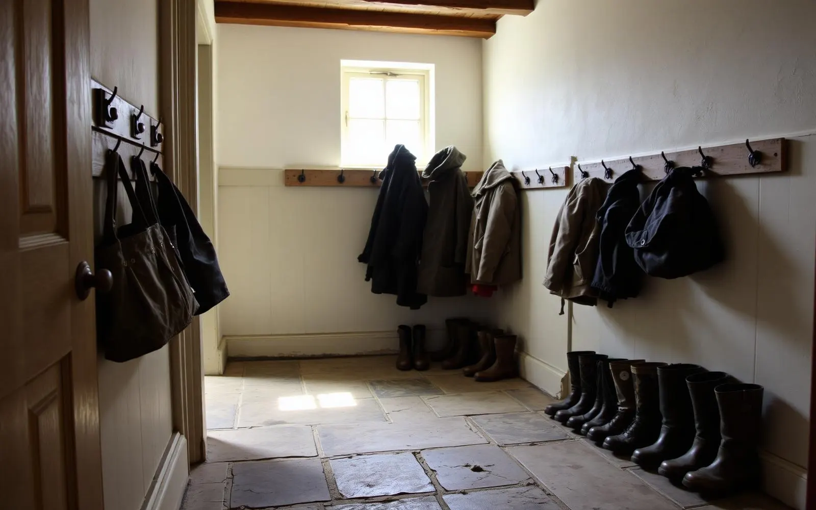 A back hall mudroom in an old house with painted wood pegs, coats and bags, a worn stone floor and boots lined up