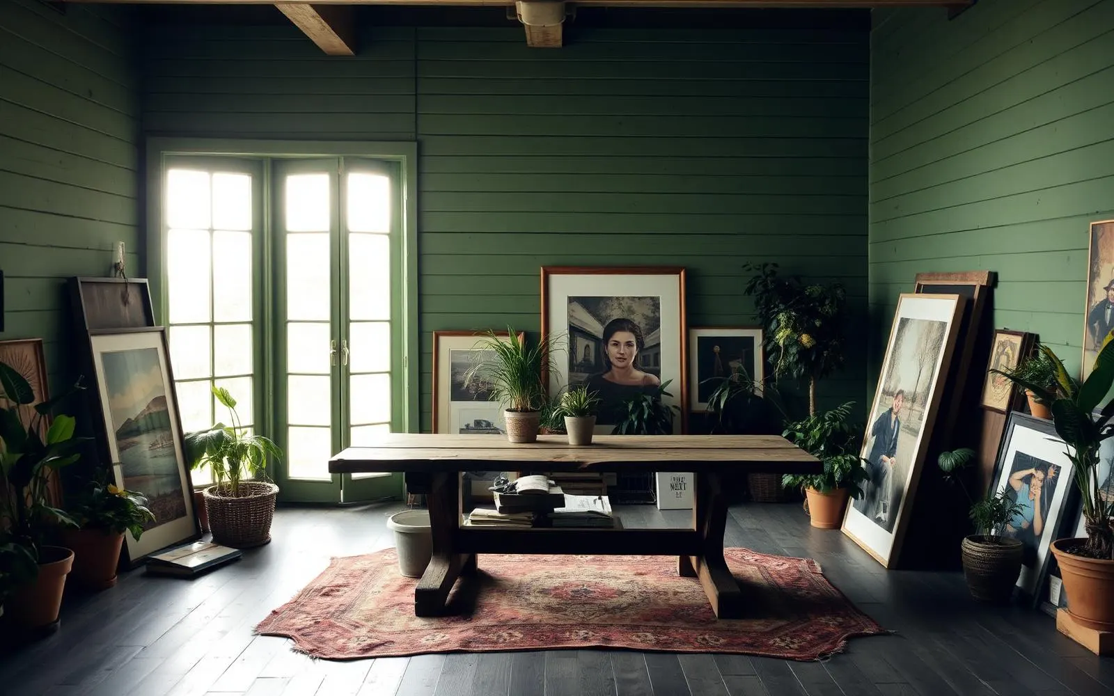 A relaxed layered room with painted plank walls in soft green, an old wood table, framed works leaning against the wall and potted plants