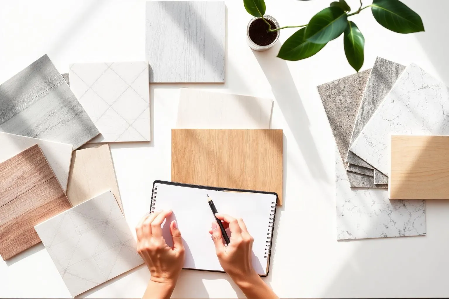 Tile, wood and stone samples spread on a bright table with a notebook and coffee