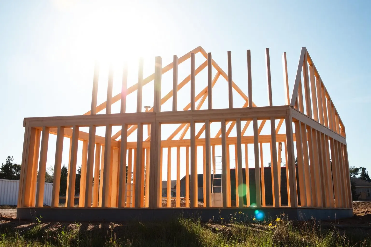 Carpenters raising a wall on a new timber frame with morning light through the studs