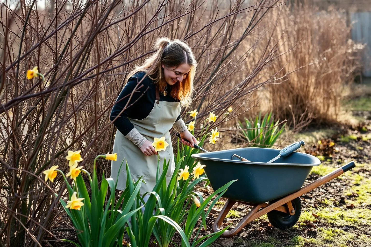 An overgrown spring garden with peonies, a brick path and a woman kneeling with clippers