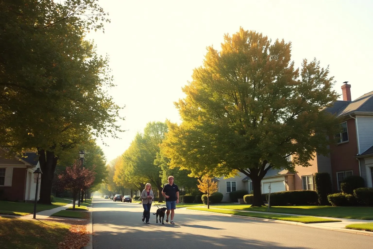 A tree lined residential street in early autumn with two people walking a dog