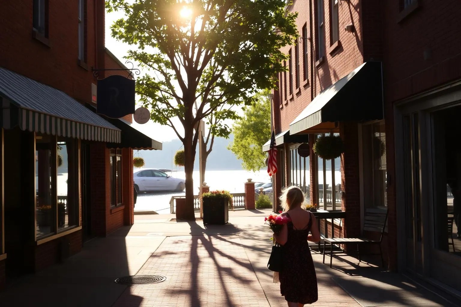 A brick main street with awnings sloping toward the water on a bright morning