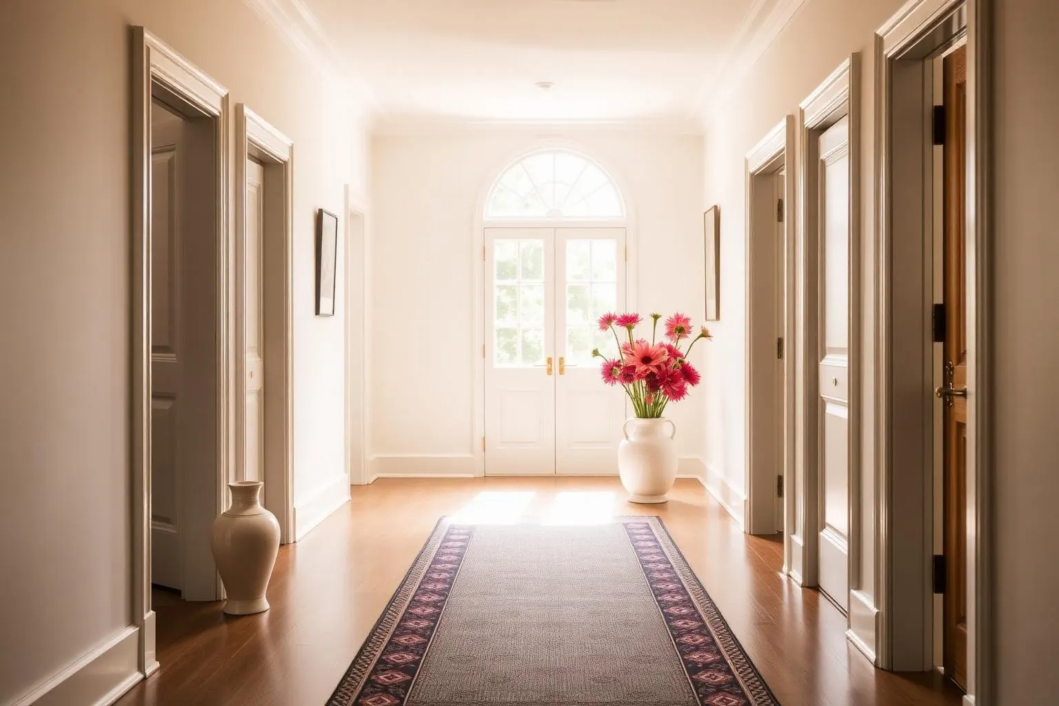 A wide sunlit hallway with a runner rug, a vase of flowers and doorways on both sides
