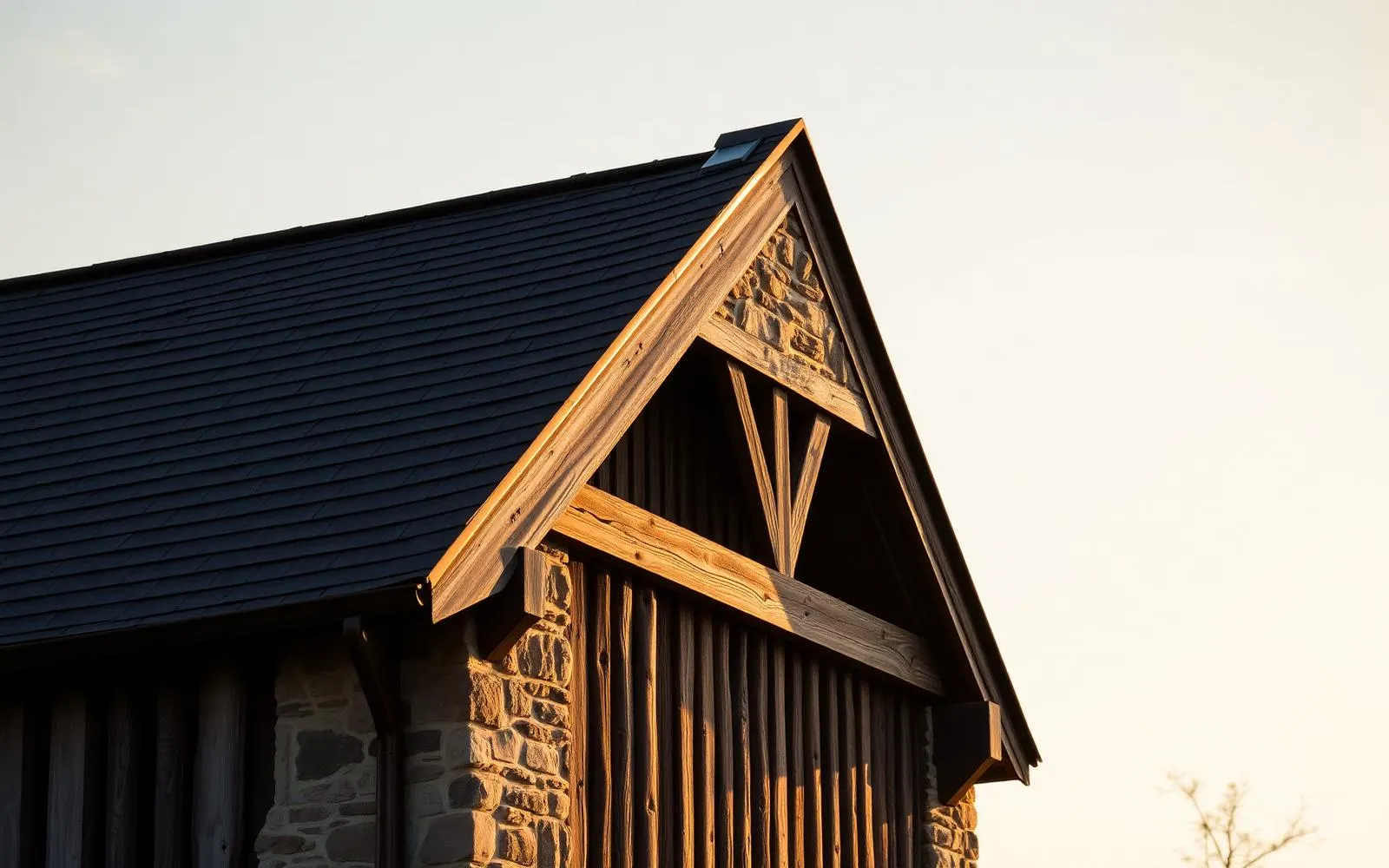 Stone and timber gable of a Lancaster County bank barn at golden hour
