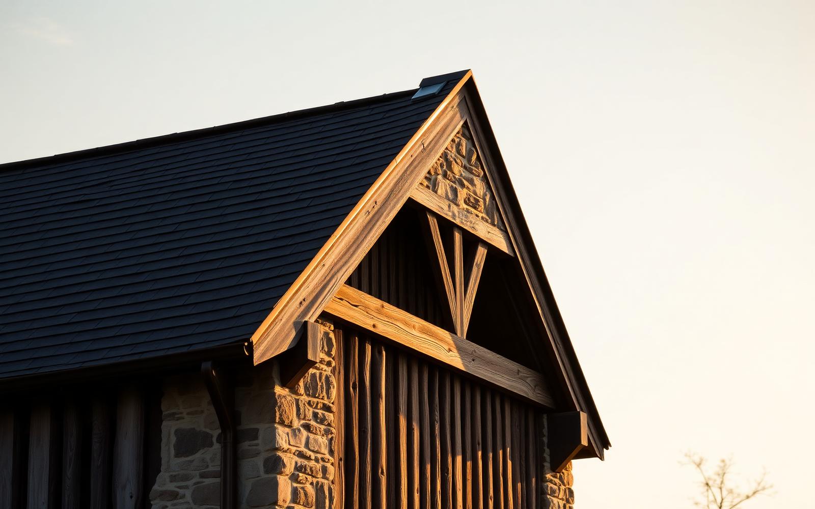Stone and timber gable of a Lancaster County bank barn at golden hour