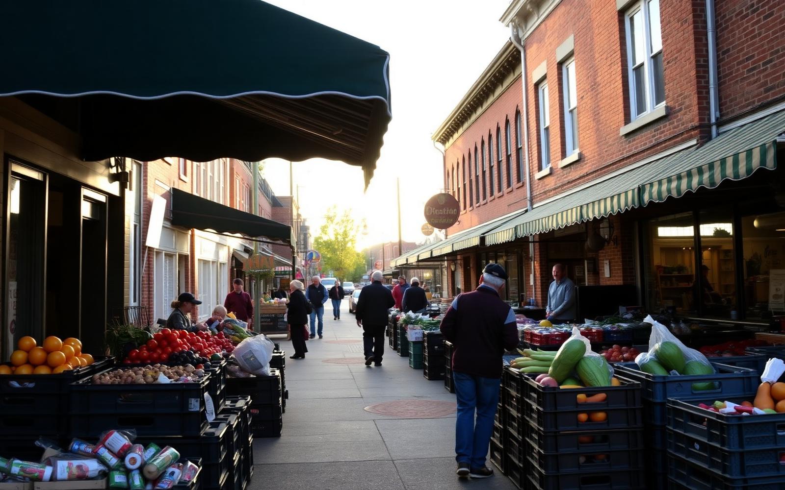 Early morning produce market on a brick Pennsylvania main street