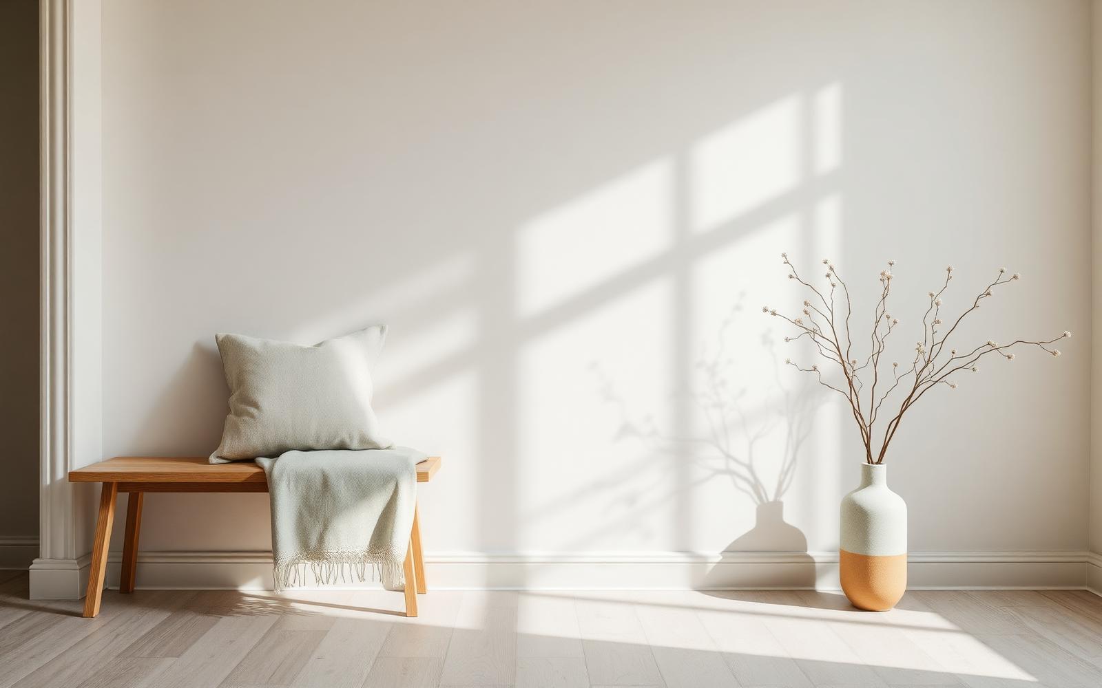 Oak bench and ceramic vase against a limewashed plaster wall in morning light