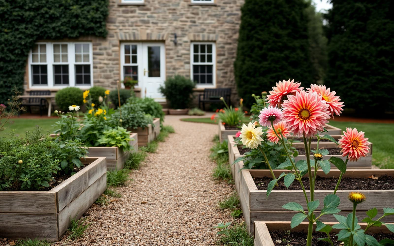 Raised bed kitchen garden with dahlias beside a stone Pennsylvania home