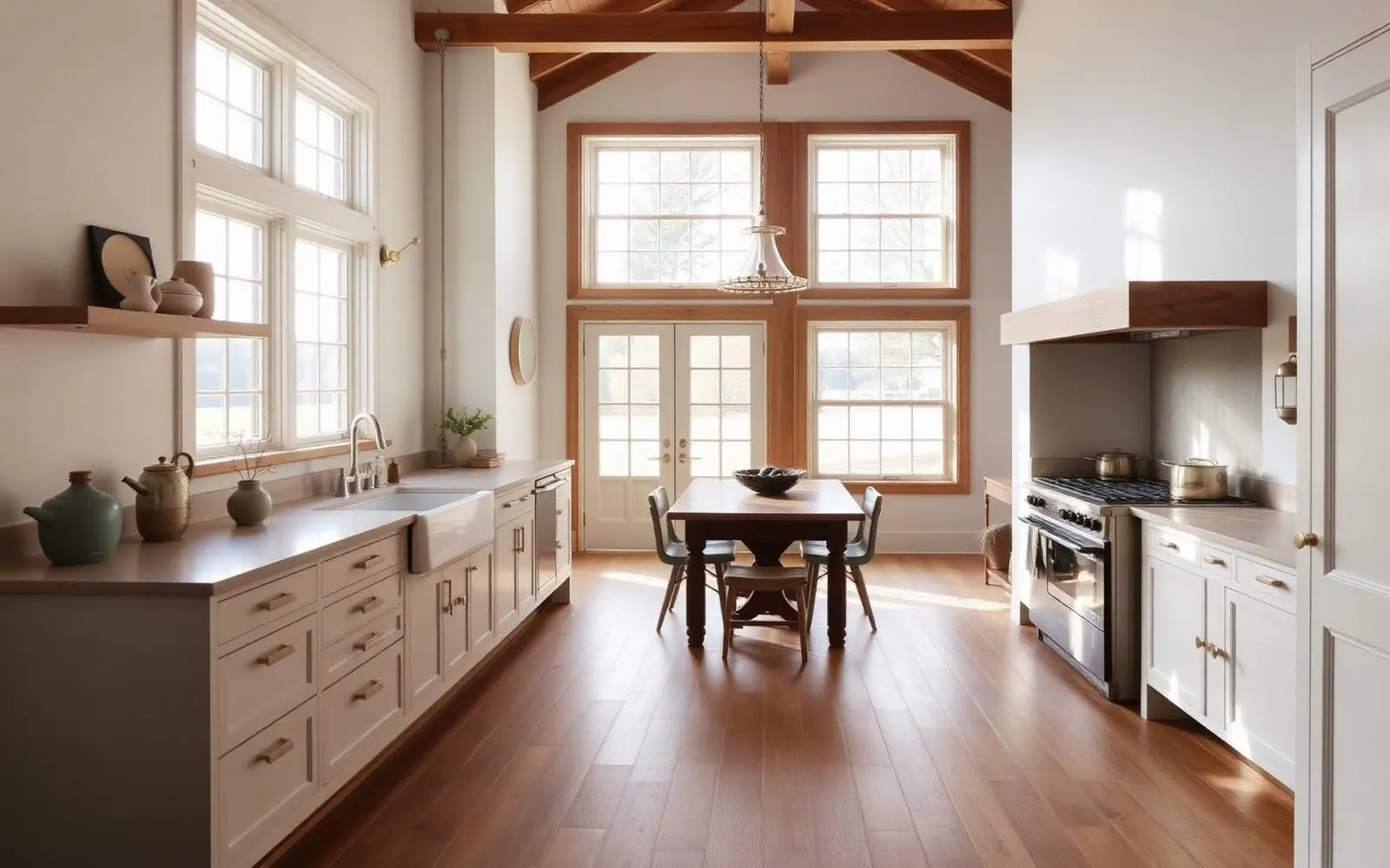 Sunlit farmhouse kitchen with wide plank floors and tall windows over farmland