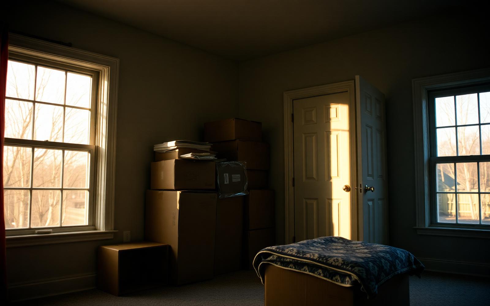 Stacked moving boxes and a folded quilt in an empty sunlit room
