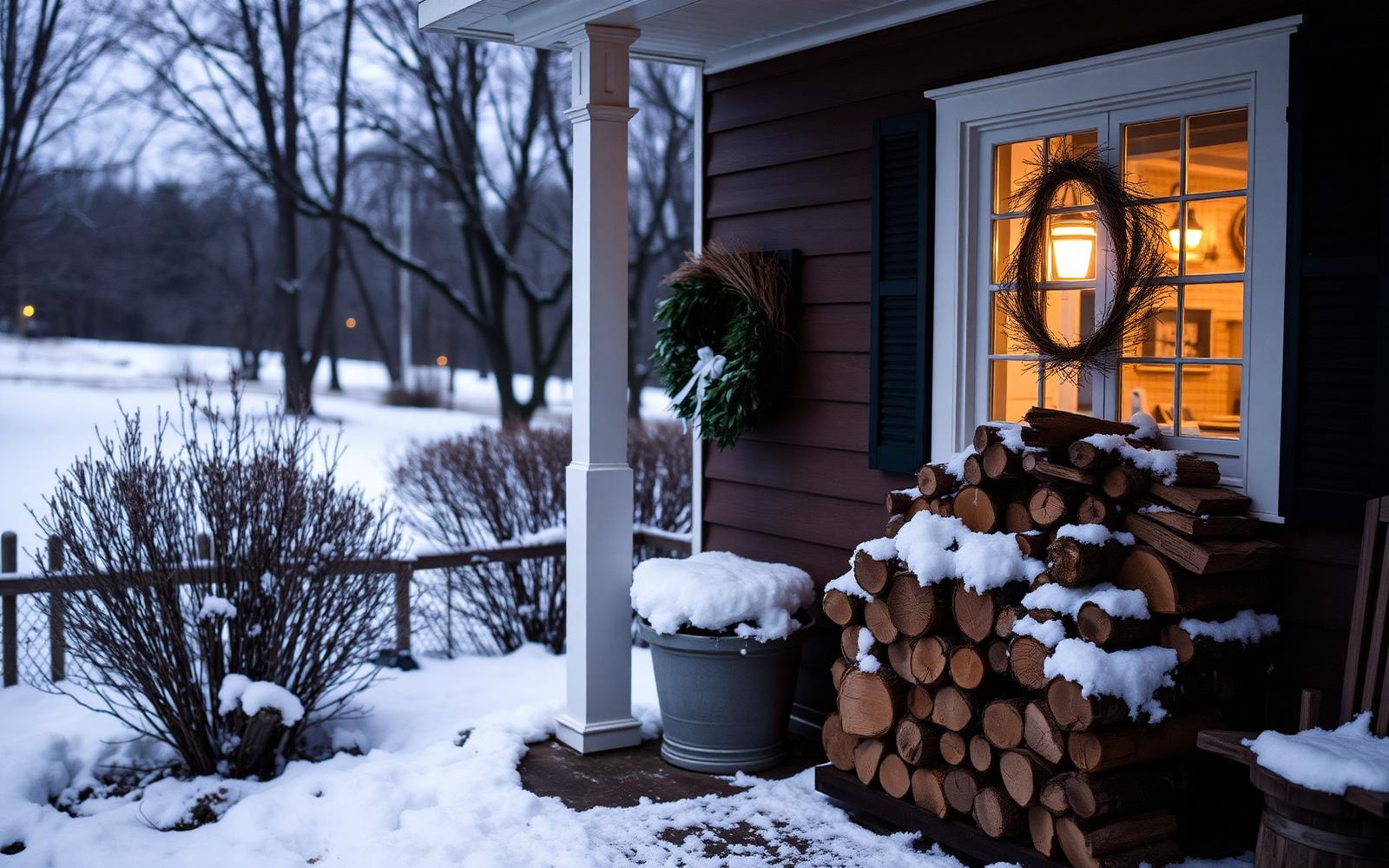 First snow on a farmhouse porch with stacked firewood and a lit window at dusk