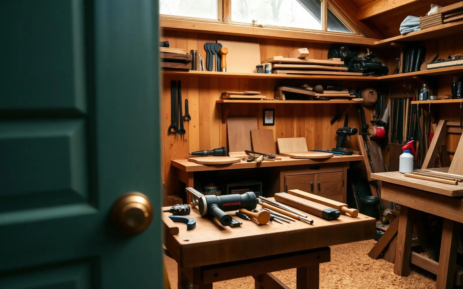Home woodworking shop with hand tools laid out on a workbench in warm light