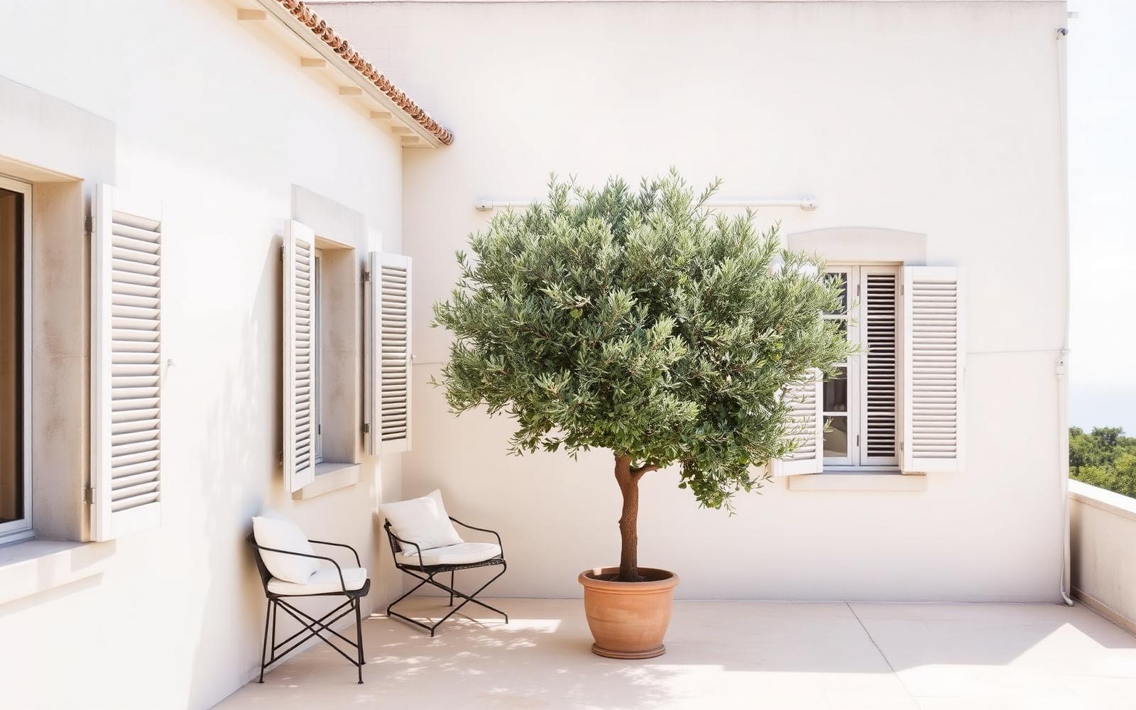 Pale stone terrace with shutters and a potted olive tree on the French Riviera