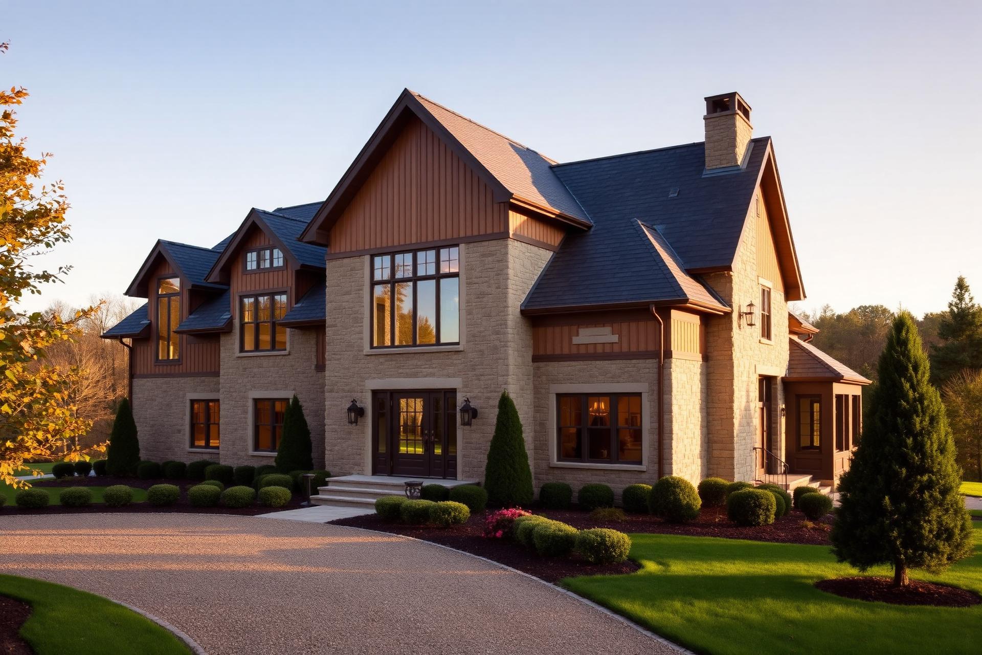 An understated custom stone-and-cedar country home at golden hour