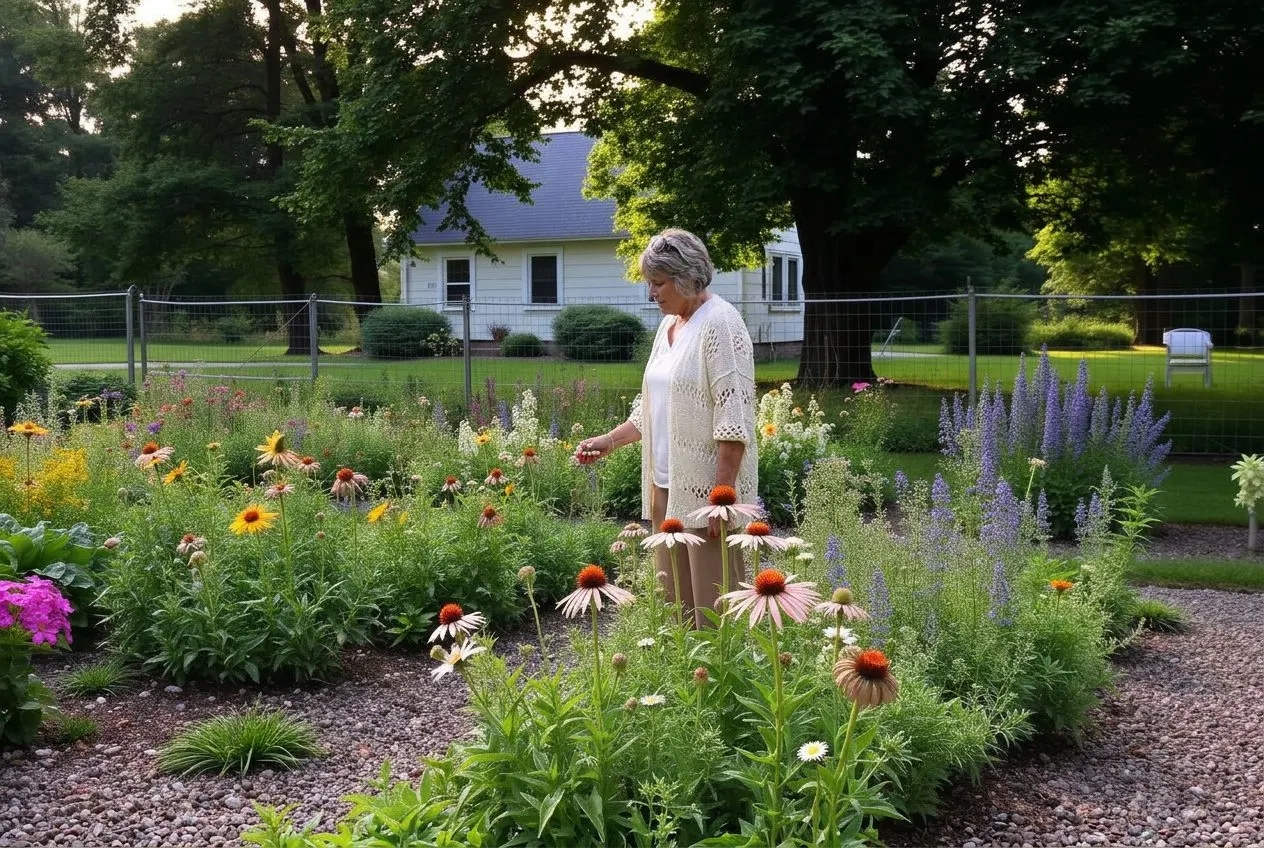 Kathy, Corie's mom, picking flowers in a summer garden