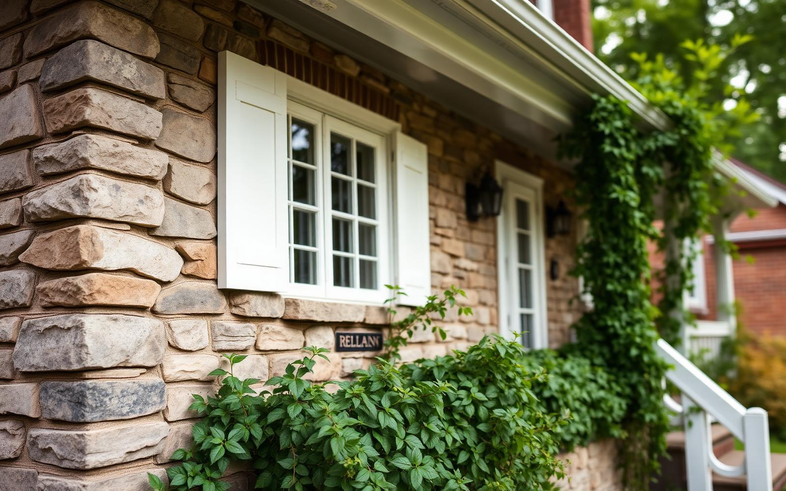 Stone facade and white shutters on a Pennsylvania farmhouse