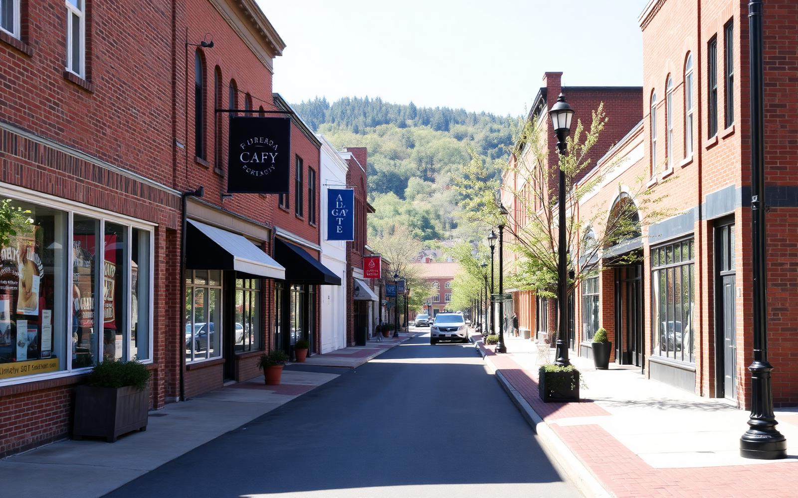 A bright borough main street with brick storefronts and awnings in Mechanicsburg