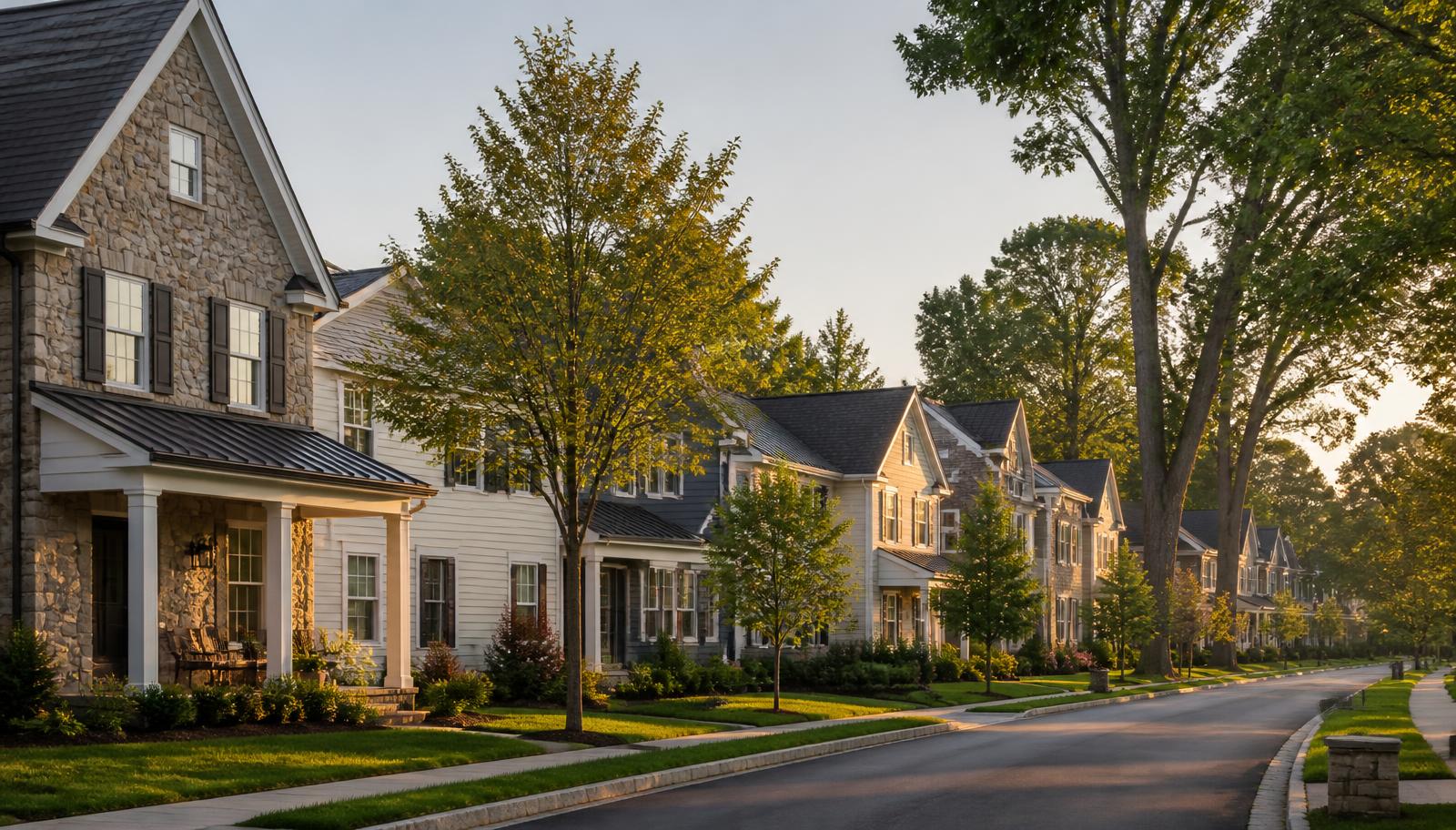 A quiet new construction street in Lancaster County at late afternoon