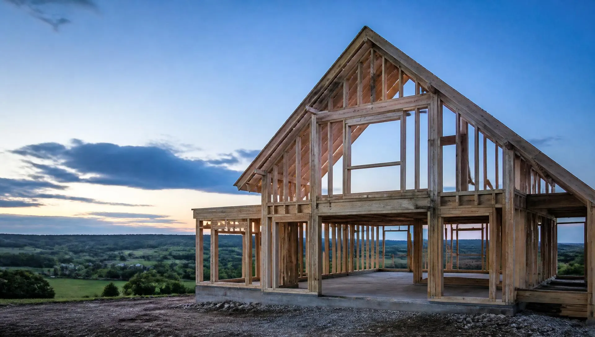 A new home under construction at dusk, timber framing open to Pennsylvania farmland
