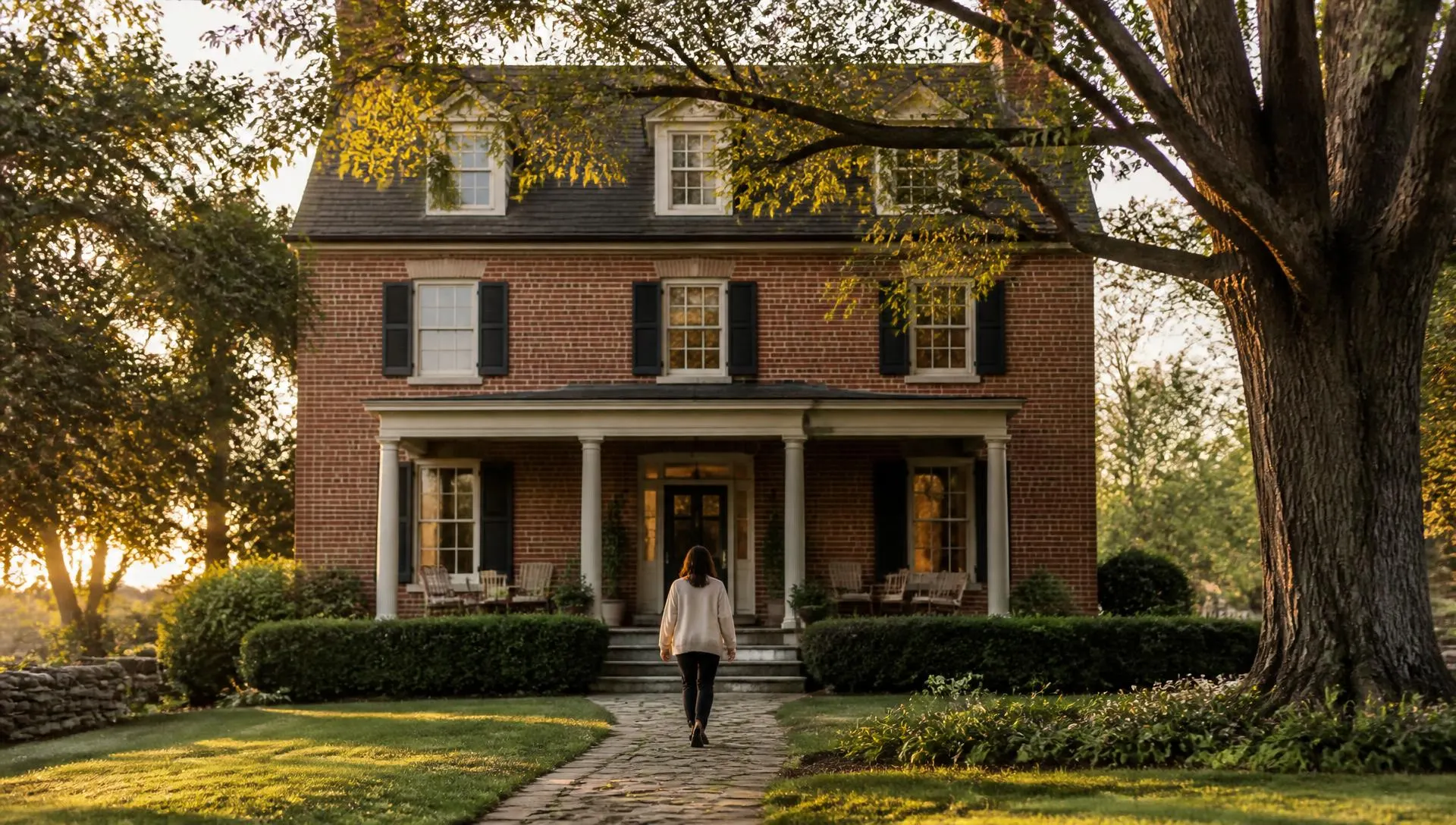 A woman walking toward the porch of a historic brick Pennsylvania home at golden hour