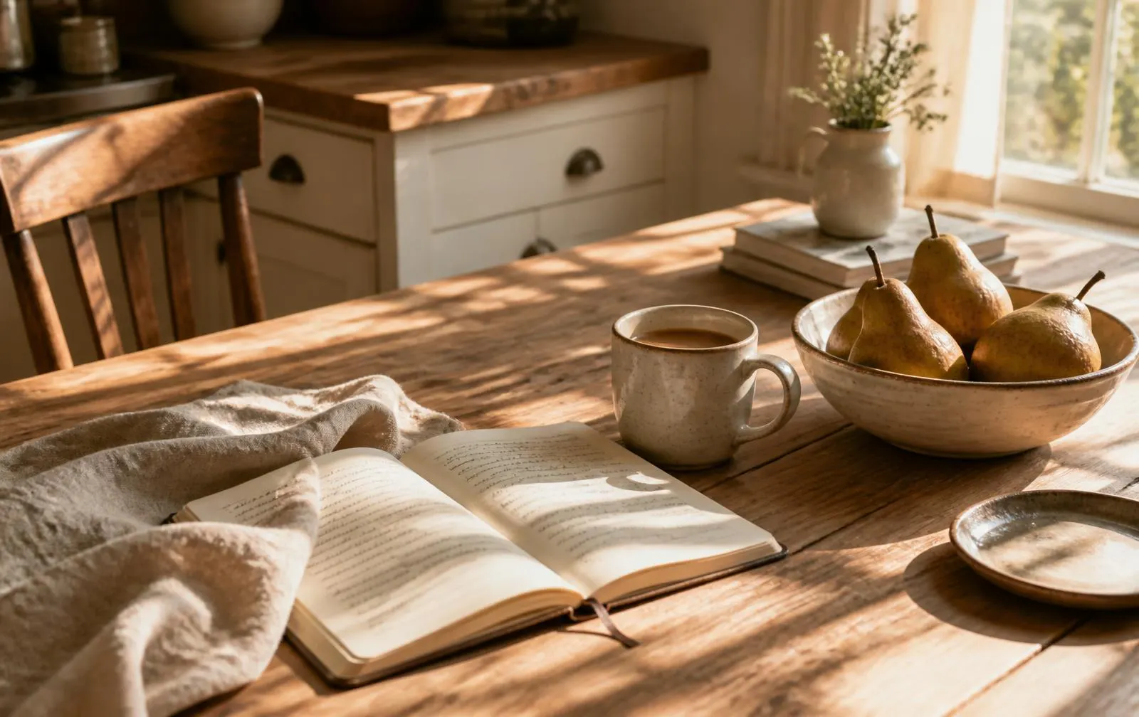 House keys resting on a folded linen napkin beside a leather journal on a warm wood surface