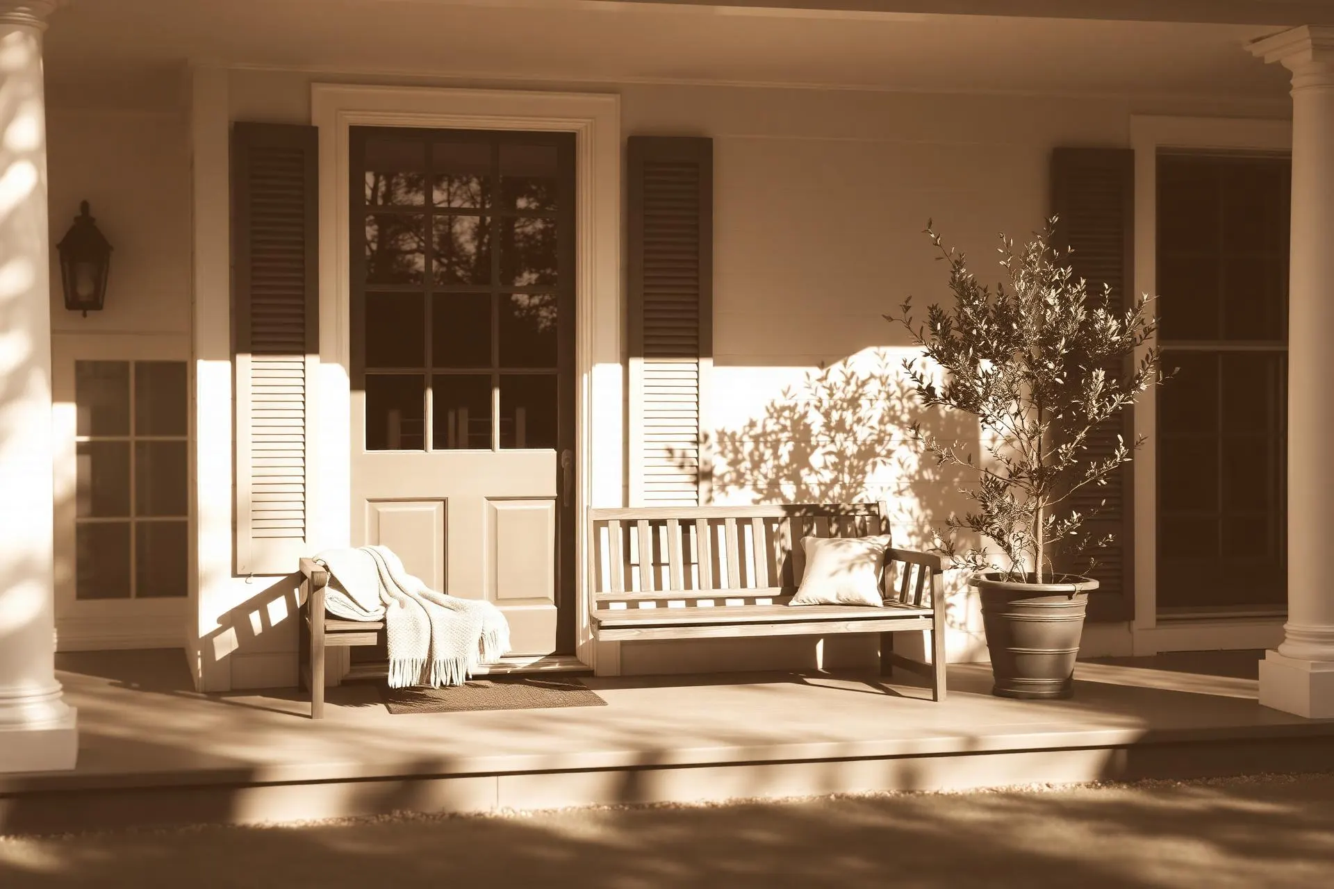 A sunlit front porch with a wooden bench, folded blanket, and potted olive tree