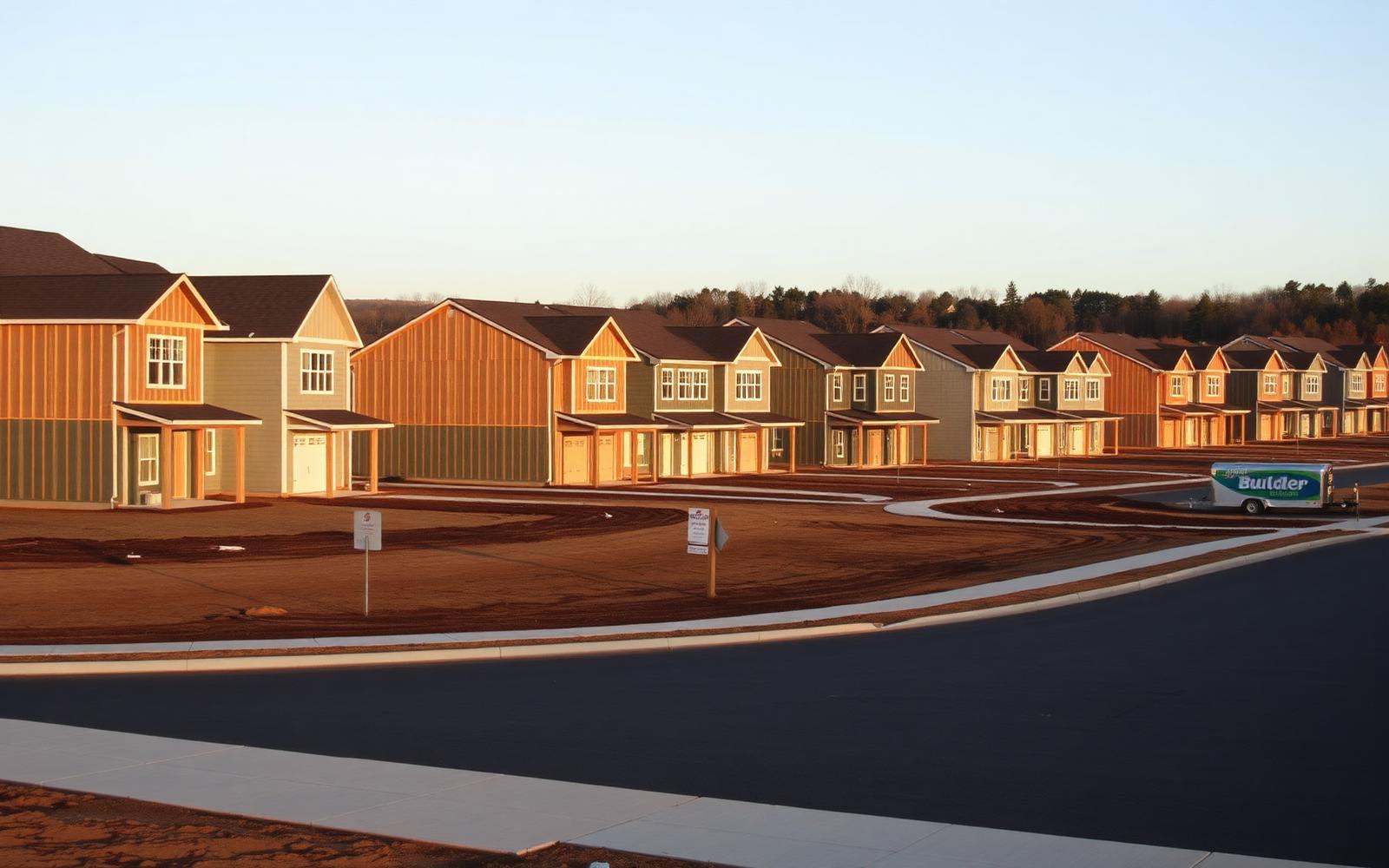 A new construction community at golden hour with framed homes in a row