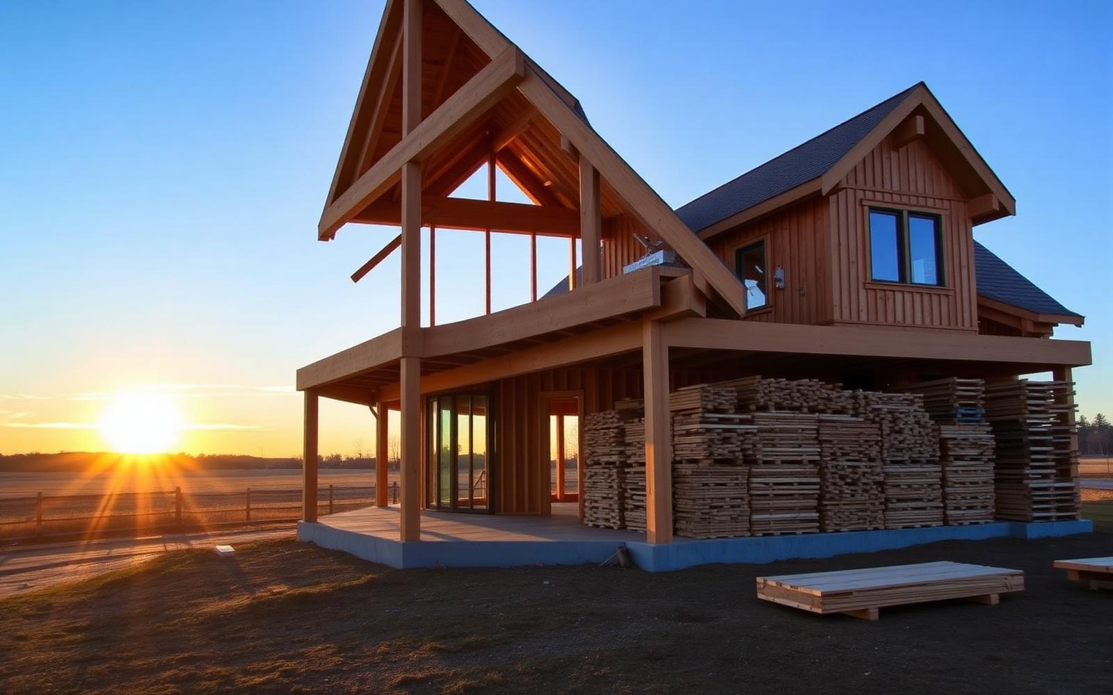 Timber framing on a rural Pennsylvania building lot at sunset