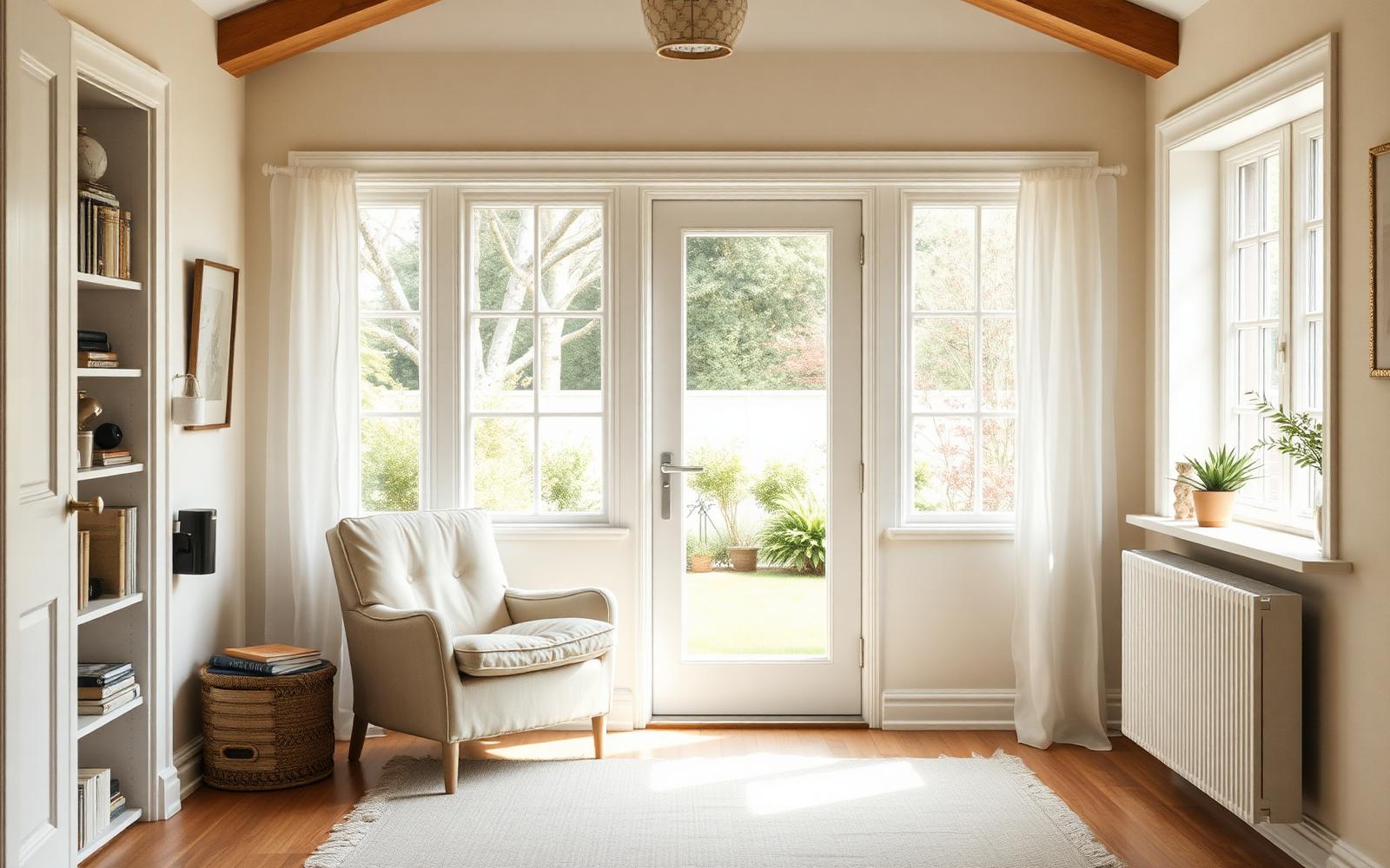 A light-filled small home interior with a linen chair and garden view